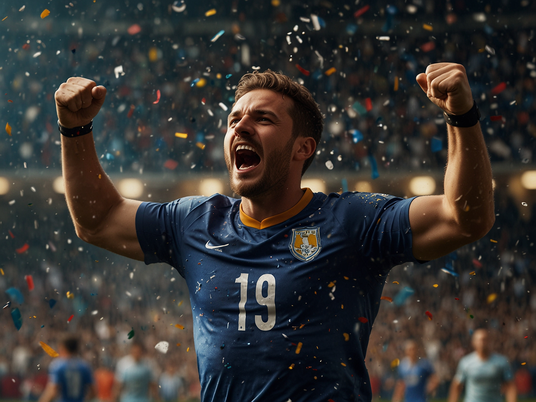 Winning athlete celebrating victory with confetti